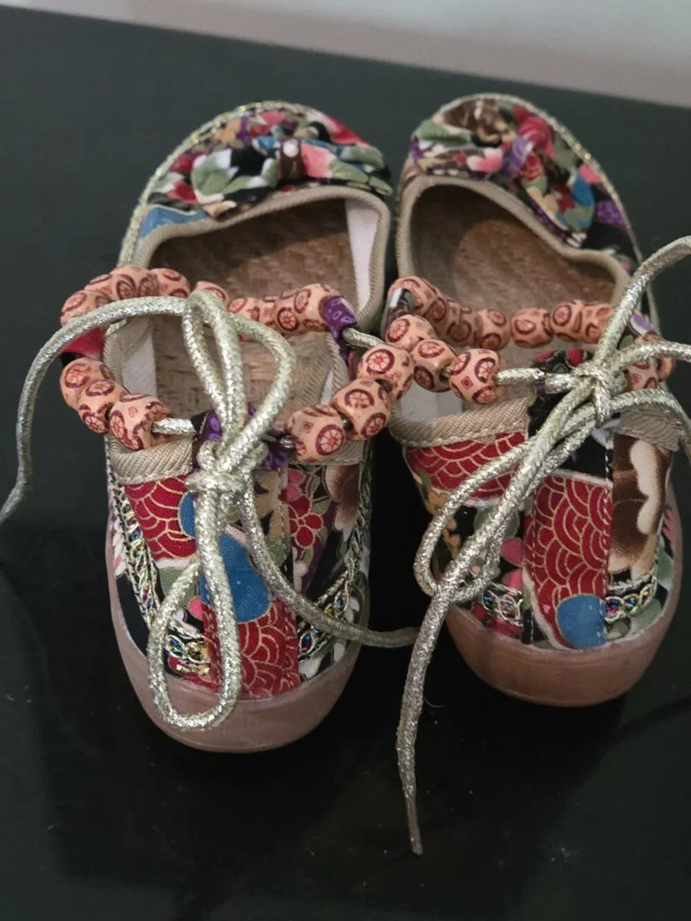 Wonderful ladies colorful beaded espadrille shoes with gold ankle ties